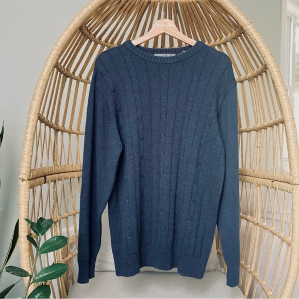 Oscar de La Renta Men's Sweater Vintage Navy Blue Cable Knit Crew Neck Sweater